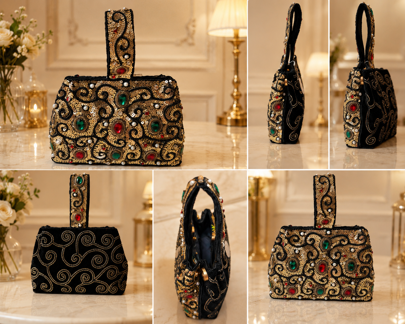 Luxury Black Handcrafted Sequin Clutch Bag with Red & Green Stone Embellishments | Designer Party & Wedding Evening Bag | BGMATES