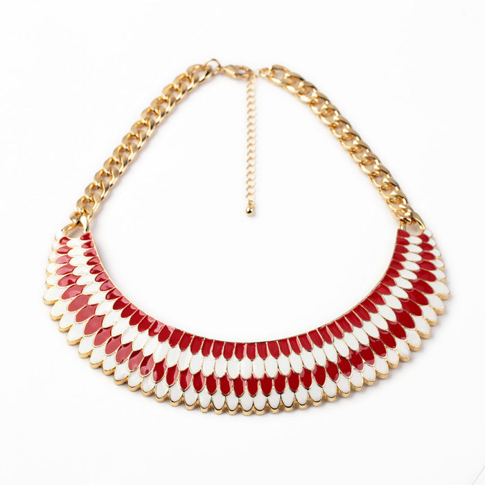Red & White Enamel Statement Bib Necklace | Gold Curb Chain Collar
