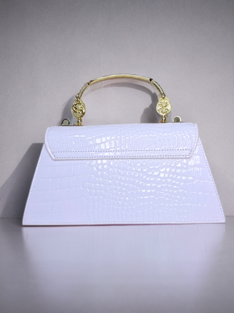 White Designer Party Clutch with Golden Handle – Embellished Floral & Glitter Trim | Premium Evening Bag