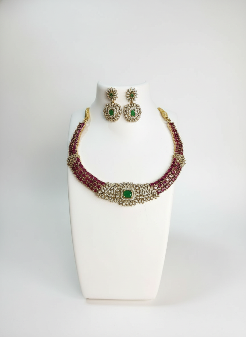 Royal Ruby & Emerald CZ Necklace Set | Gold-Plated American Diamond Bridal Jewelry