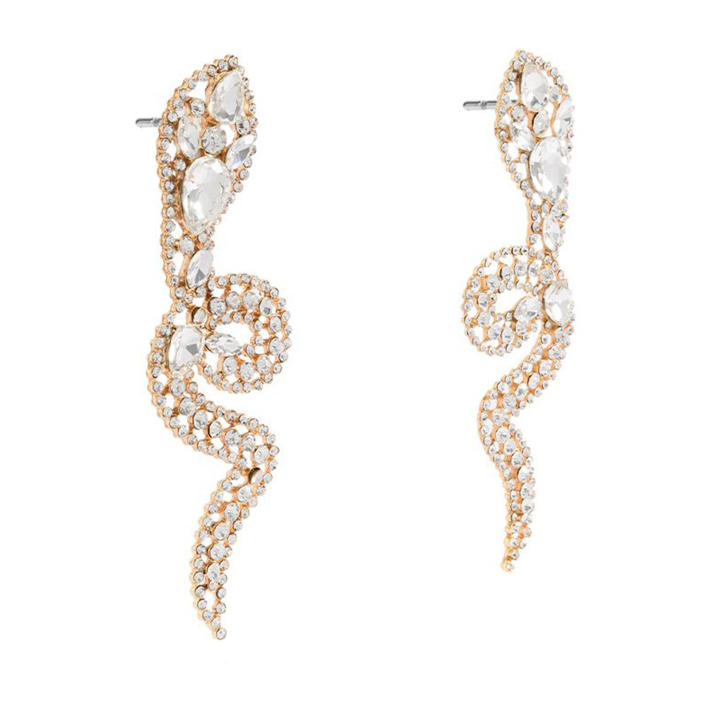 Gold Tone Crystal Pave Snake Dangle Earrings – Rhinestone Serpent Statement Jewelry for Party & Club