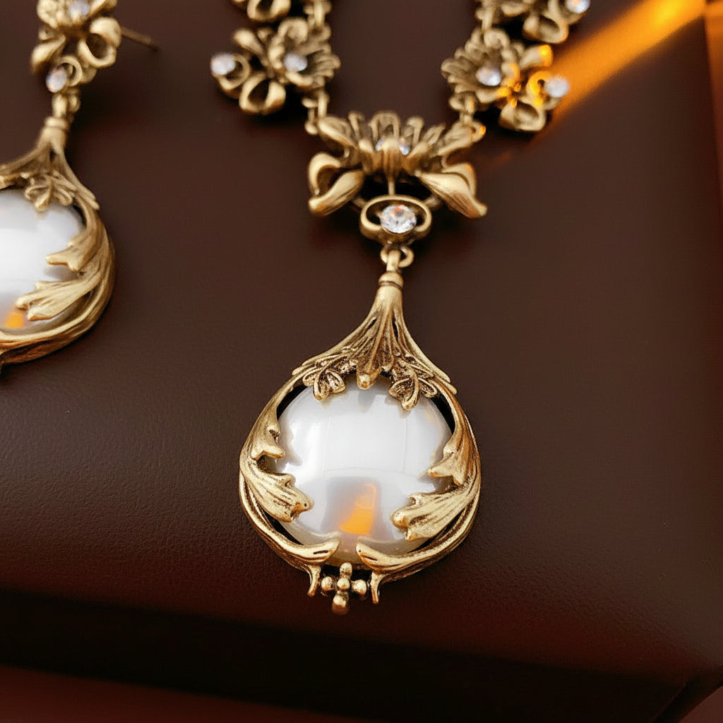 Vintage Floral Pearl & Rhinestone Jewelry Set for Women