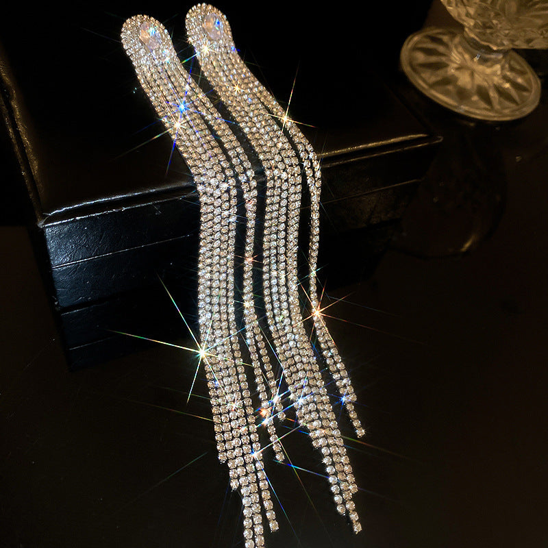Dramatic Extra-Long Rhinestone Waterfall Earrings | Statement Fringe Earrings