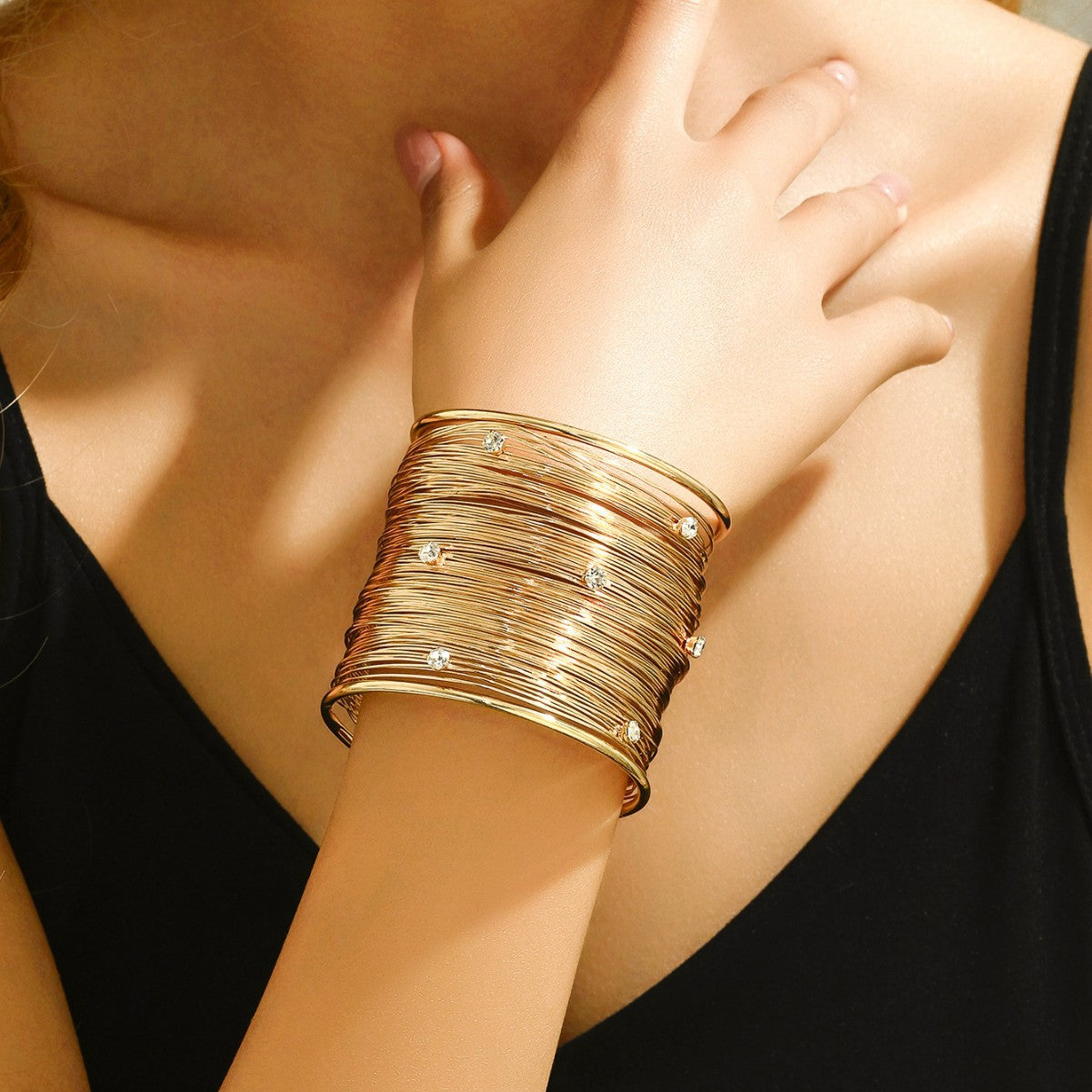 Gold Wire-Wrapped Crystal Cuff | Wide Statement Bracelet