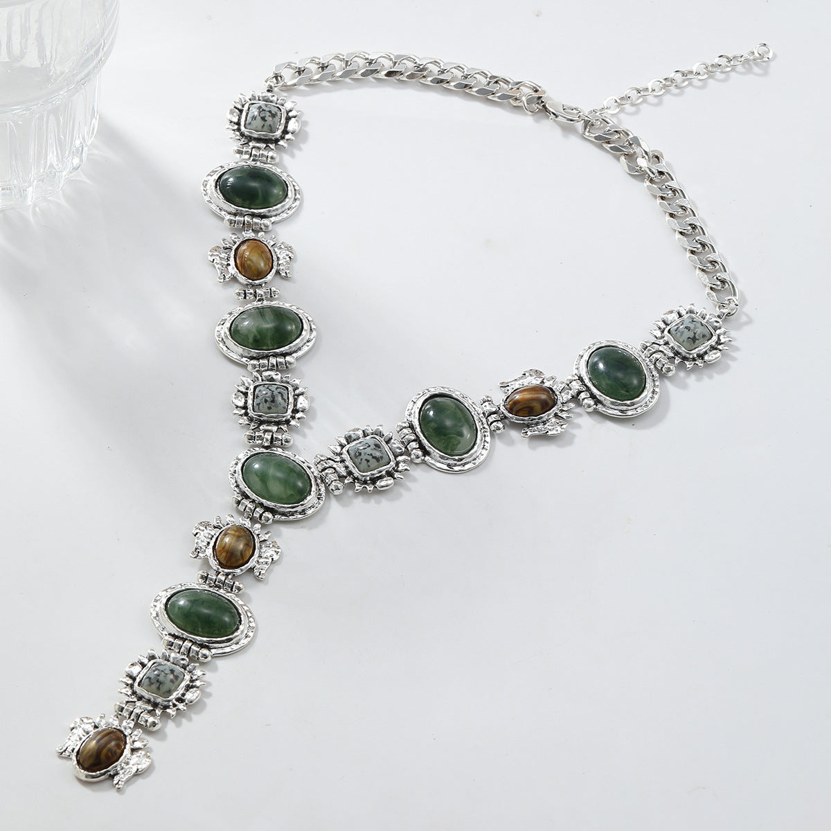 Bohemian Y-Necklace with Green Stones | Vintage Silver Lariat Statement Jewelry