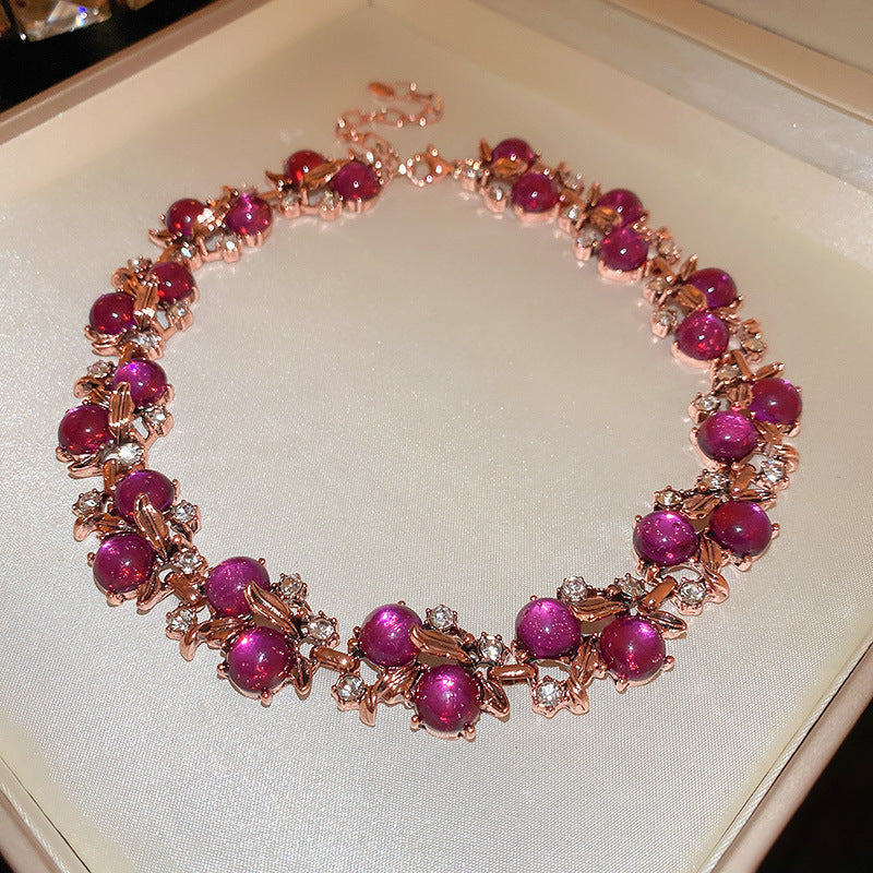 Rose Gold Purple Berry Crystal Floral Statement Necklace