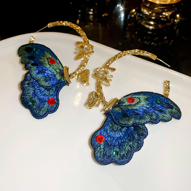 Vibrant Embroidered Butterfly Wing Hoop Earring