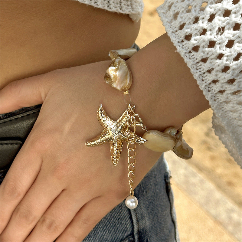 Oceanic Starfish & Pearl Charm Bracelet with Natural Shells