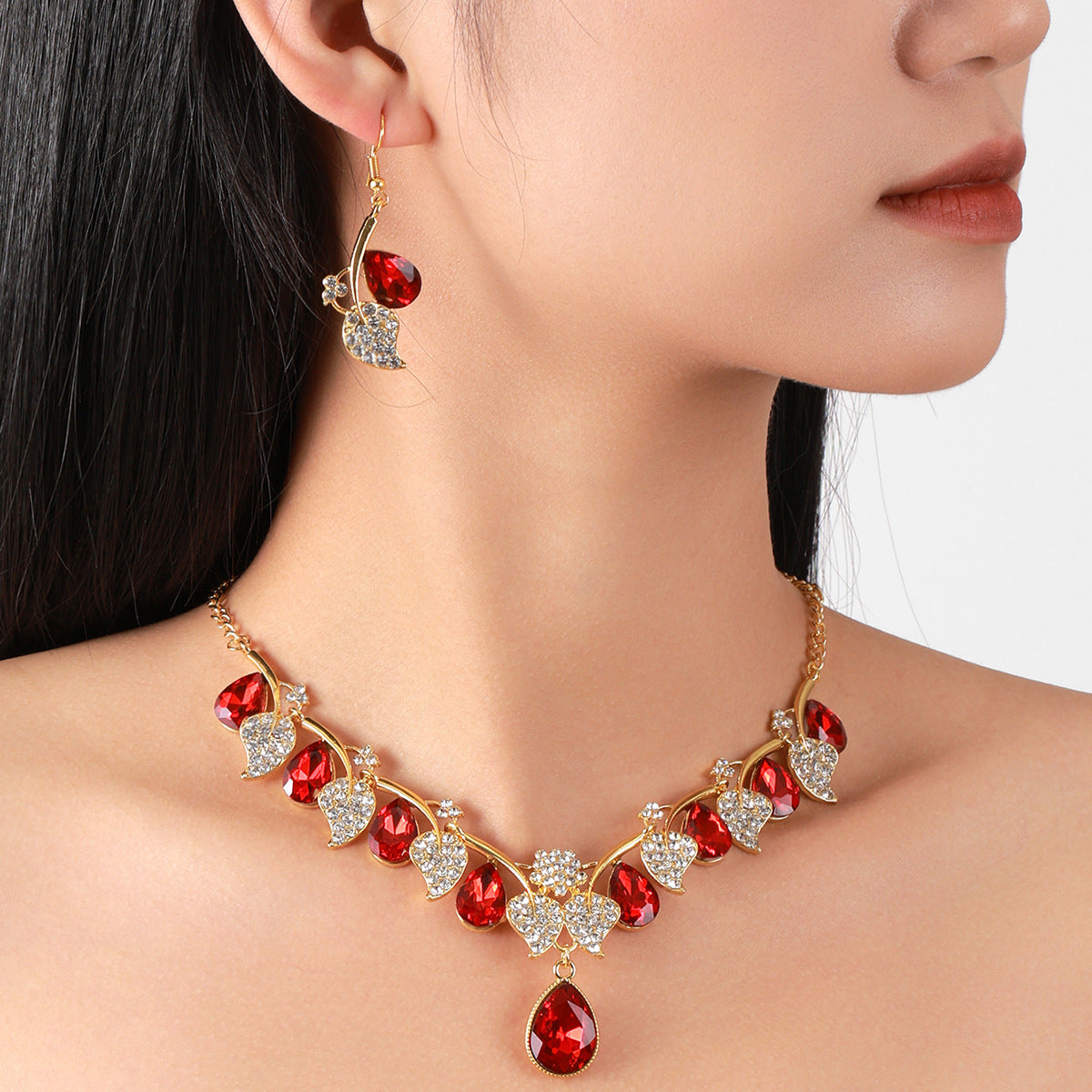Elegant Rhinestone Teardrop Leaf Jewelry Set | Women's Formal Necklace & Earring