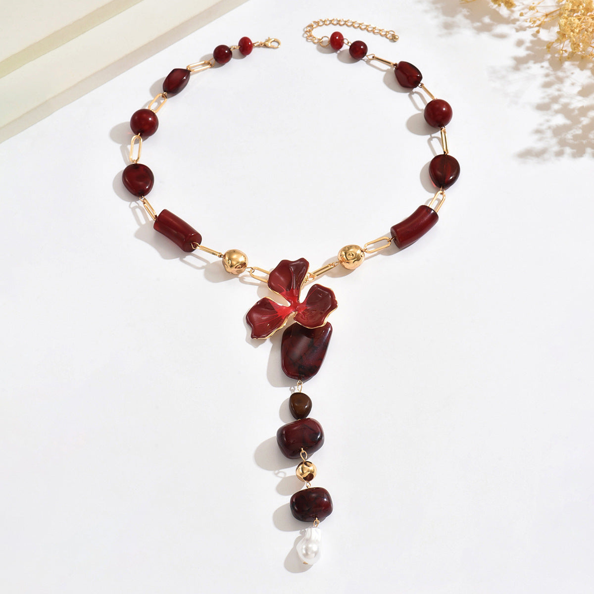 Elegant Red Bead Floral Statement Necklace with Pearl Drop