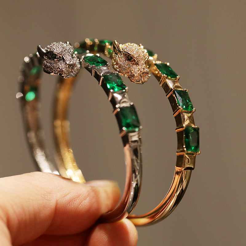 Luxury Emerald & Diamond Panther Head Bangle Set