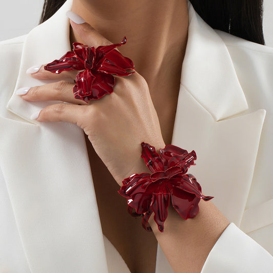 Oversized Red Flower Statement Ring | Elegant Floral Cocktail Ring and Bracelet