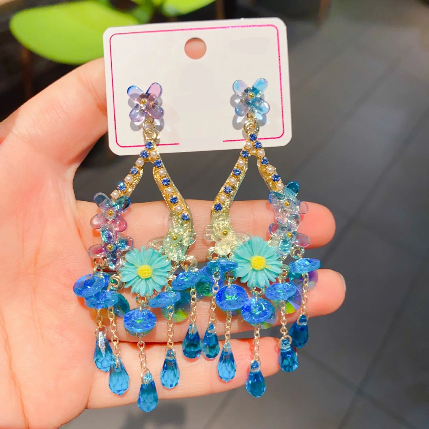 Blue Floral Crystal Drop Earrings for Women – Statement Dangle Lightweight Ethnic Jewelry