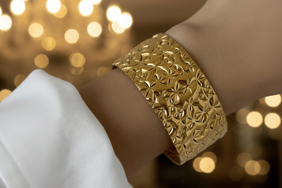 Radiant Gold Tone Embossed Floral Wide Cuff Bracelet