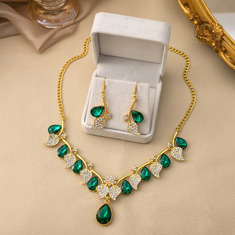 Elegant Rhinestone Teardrop Leaf Jewelry Set | Women's Formal Necklace & Earring