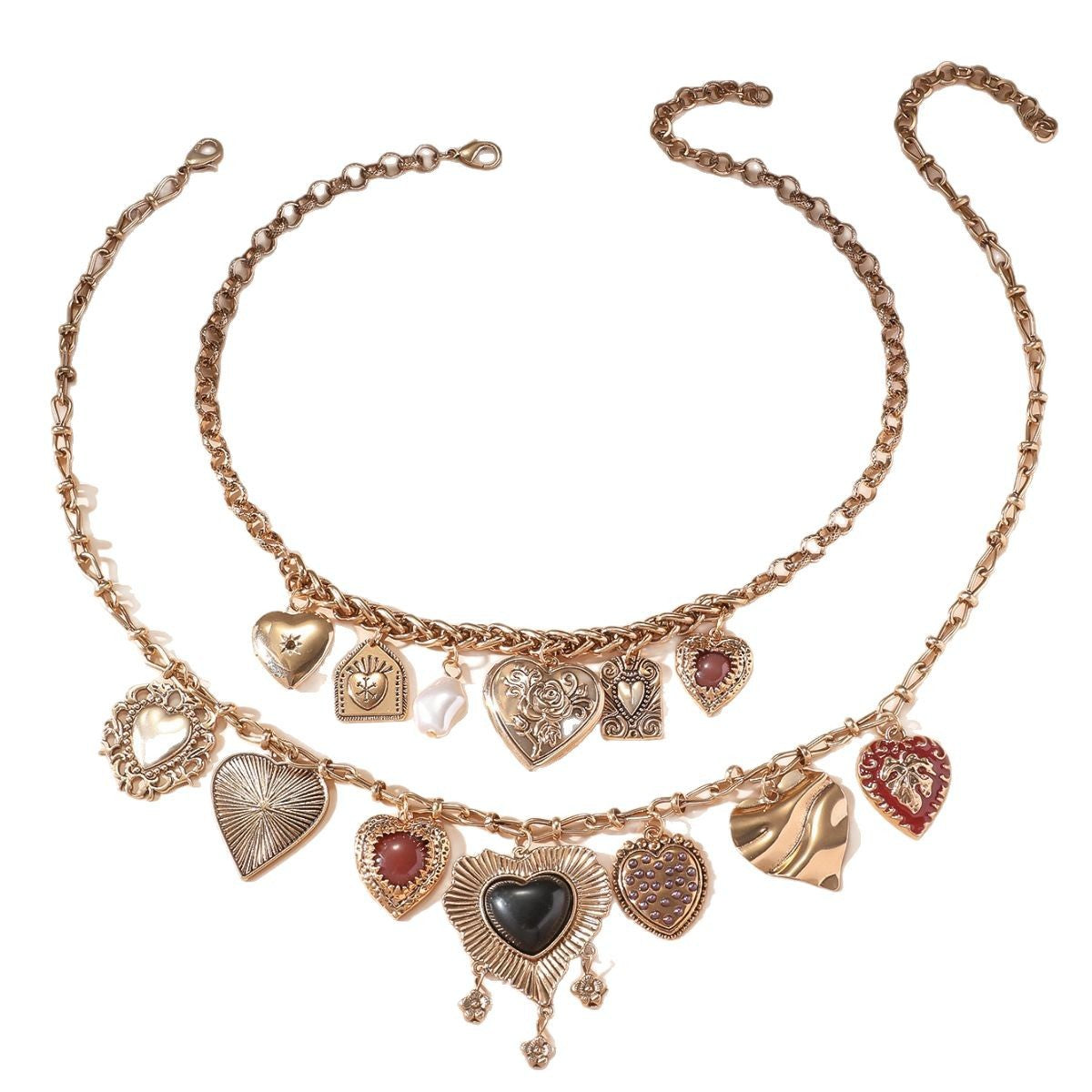 Maximalist Heart Charm Necklace | Vintage Gold Locket & Multi-Charm Jewelry