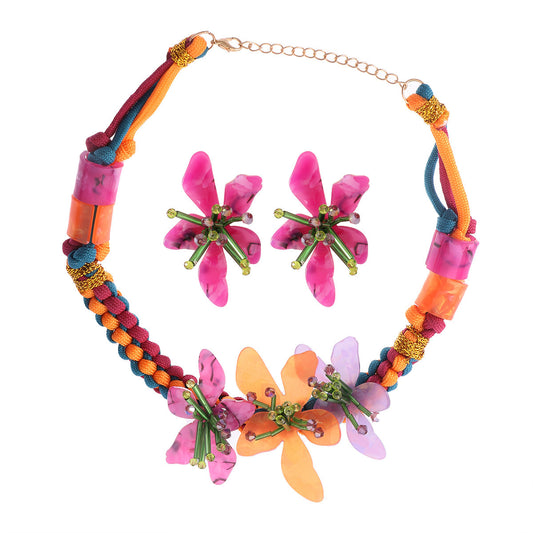 Boho Floral Necklace & Earring Set – Colorful Handmade Beaded Jewelry for Women and Girls