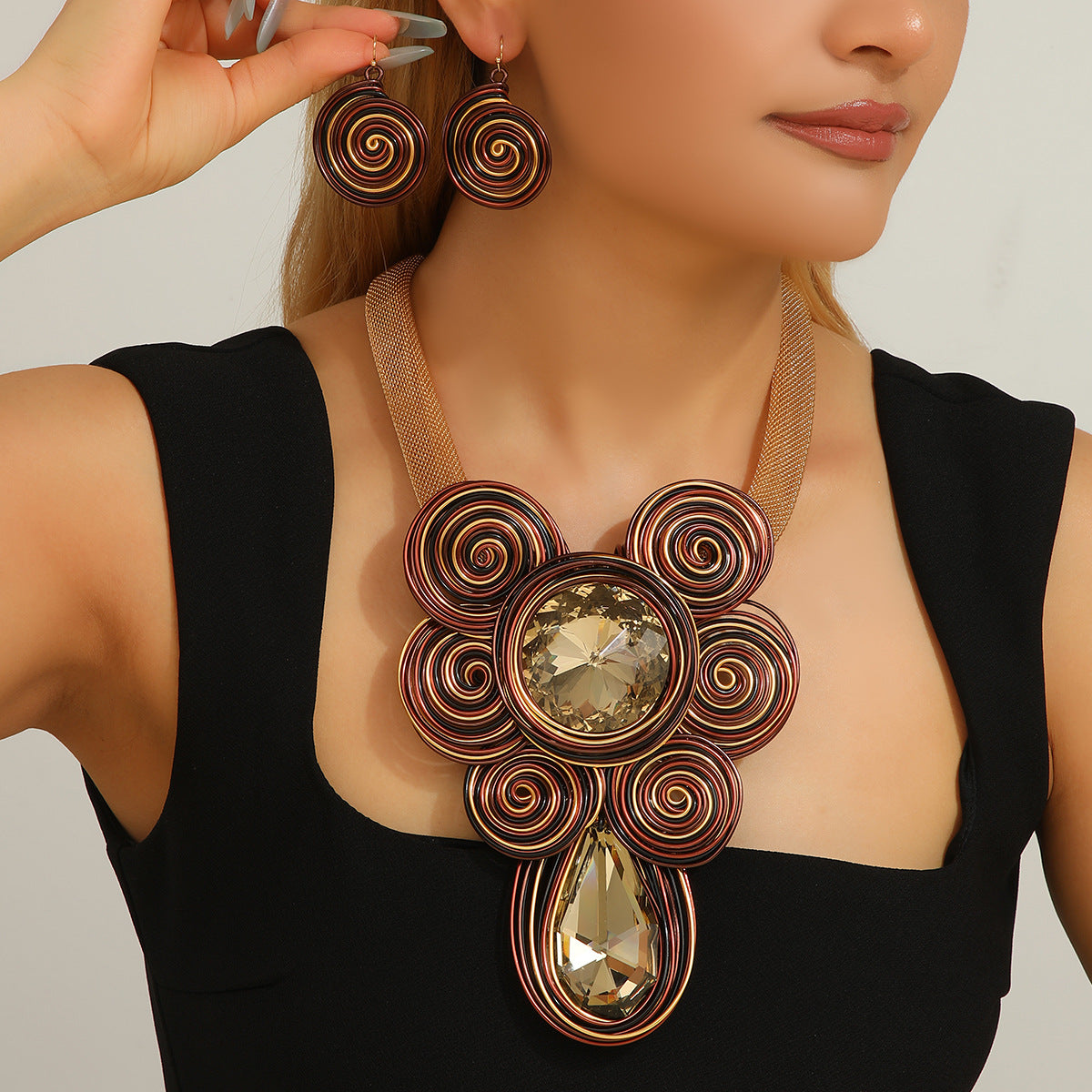 Ethnic Spiral Statement Necklace & Dangle Earring Set