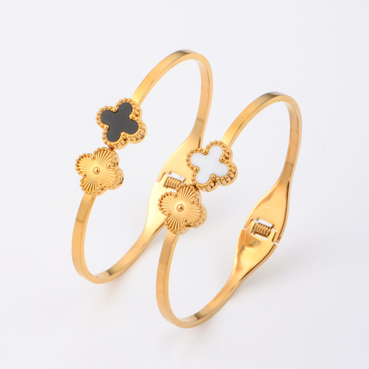 Anti-Tarnish Clover Bangle | Stainless Steel Gold & White Bracelet