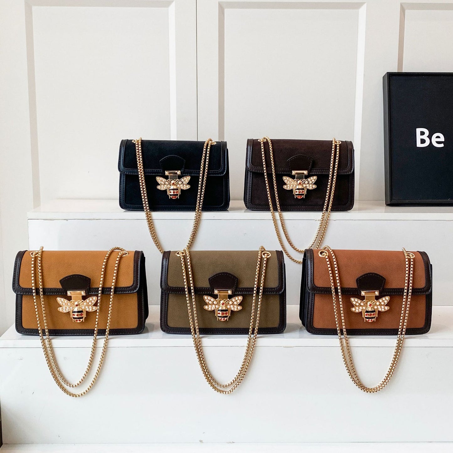 Chic Brown Bee Clasp Crossbody Bag with Gold Chain