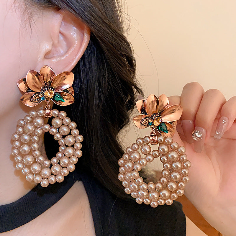 Floral & Pearl Hoop Statement Earrings