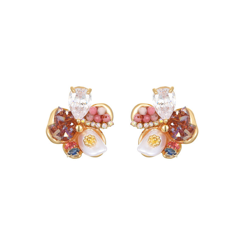 Vintage Style Crystal Flower Stud Earrings – Gold Tone Floral Cluster Jewelry with Amber & Pearl Accents