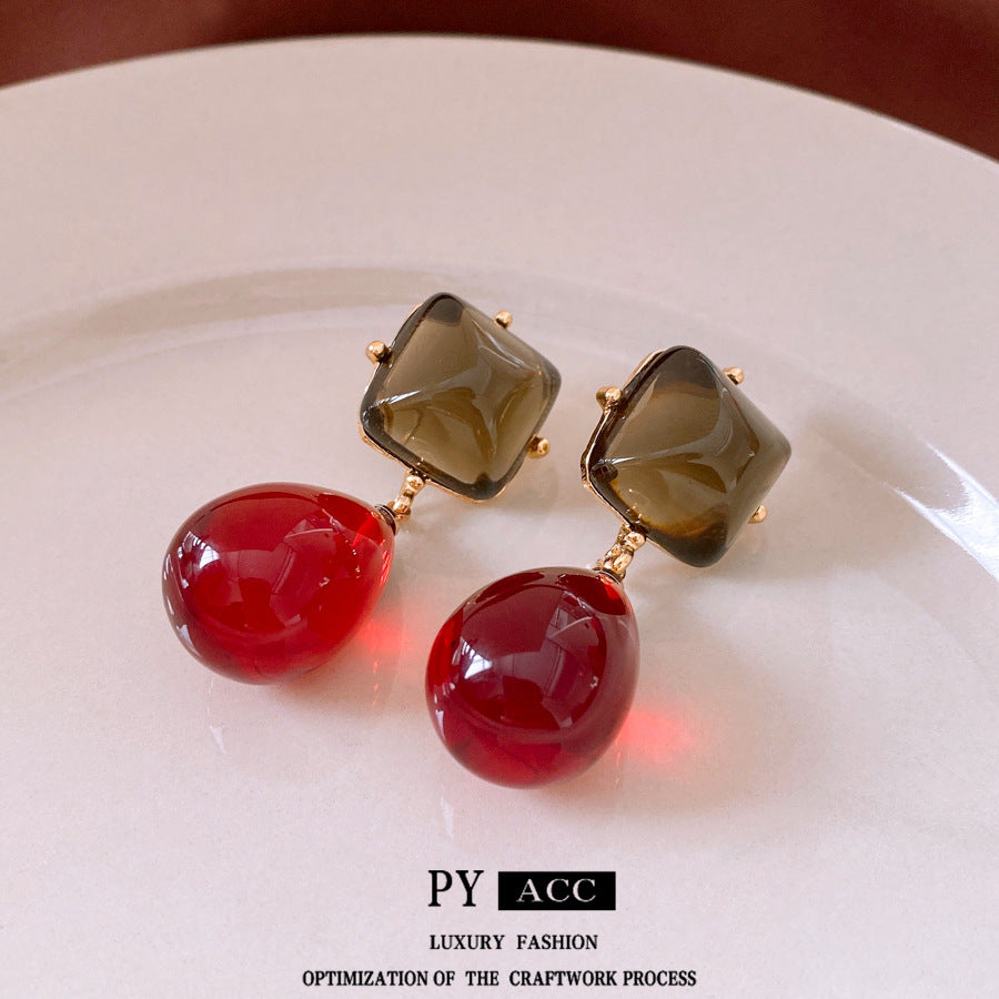 Red & Olive Green Two-Stone Dangle Earrings | Vintage Style Jewelry