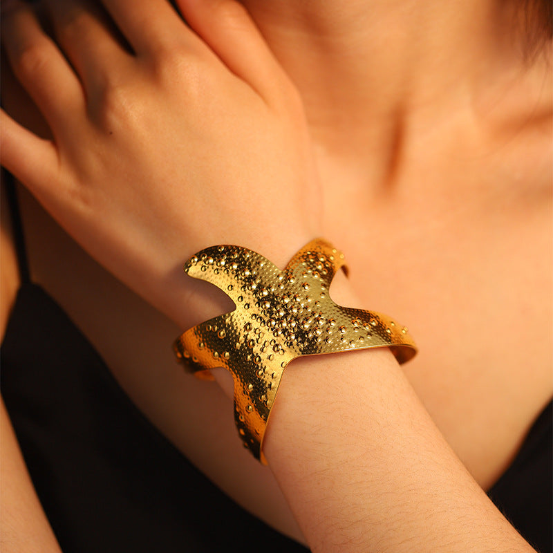 Gold Starfish Cuff Bracelet | Anti-Tarnish Coastal Statement Jewelry