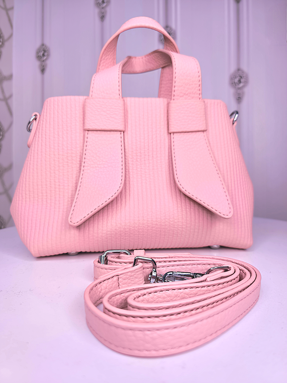 Waffle knit striped handbag