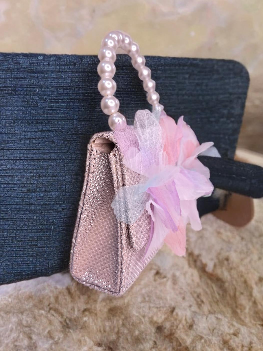 Pearl handle flower top sequenced handbag
