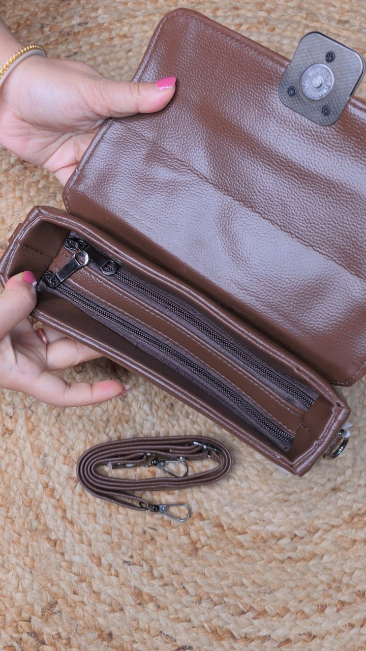 Minimalist Brown Faux Leather Sling Bag for Women – Adjustable Strap & Square Buckle Closure