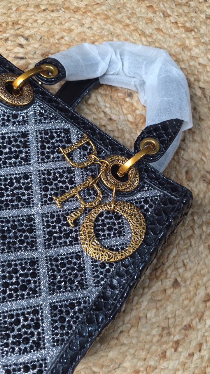 Luxury Black stone Handbag for Women – Designer Party Shoulder Bag with Gold Charm