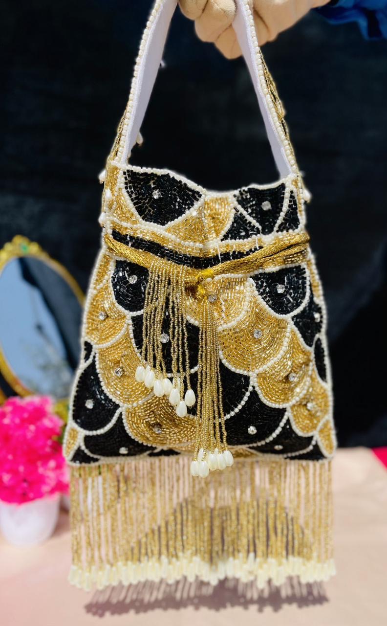 Black golden striped Potli