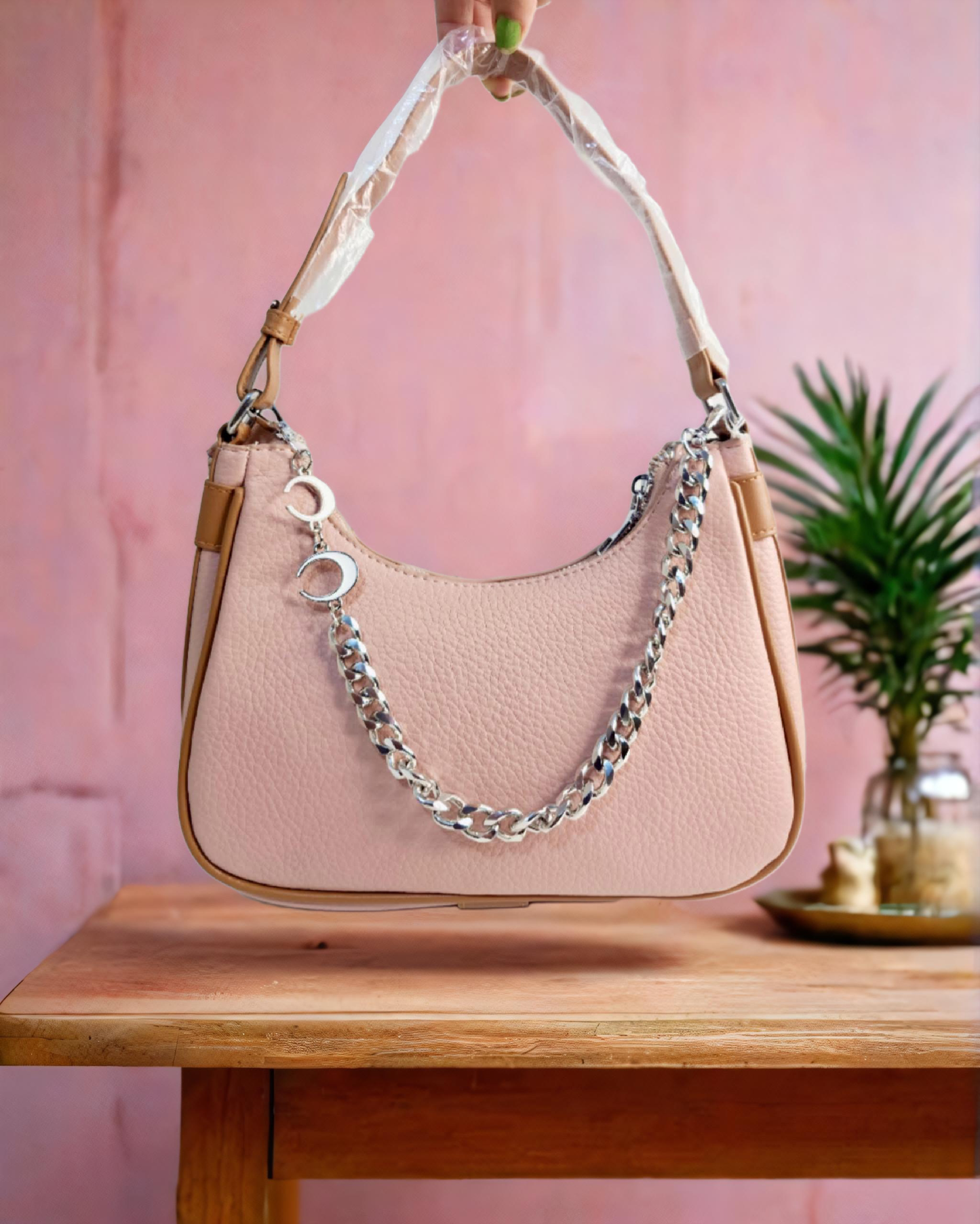 Designer front broad chain peach sling bag