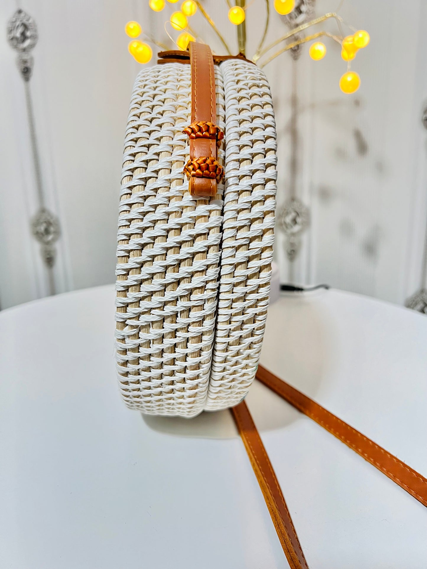 Peacock white round sling bag