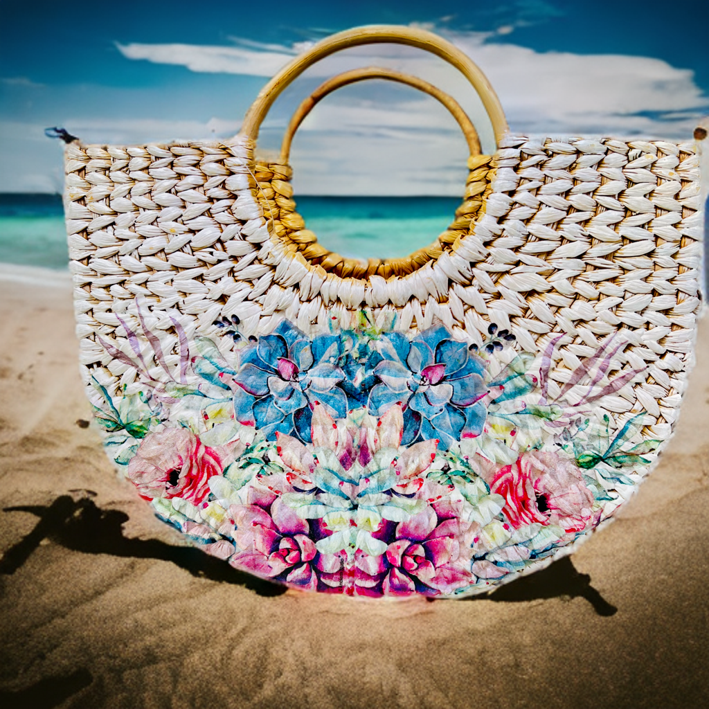 Seagrass U -tote bag -04 | All the Cultures Fabricating India Straw Bag | Small Tote Bag | Basket Bag | Bamboo Tote | Beach Bags for Women | Boho Bag | Half Moon Bag | White Handbag