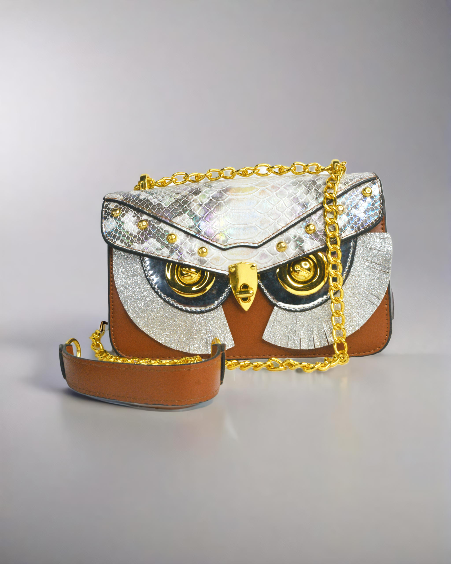 Designer sling sequenced brown owl face handbag