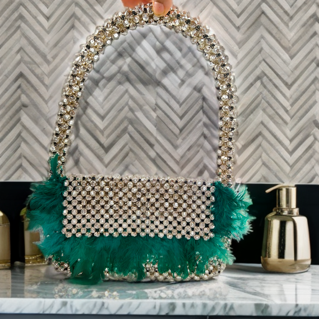 Green Feather beads bag