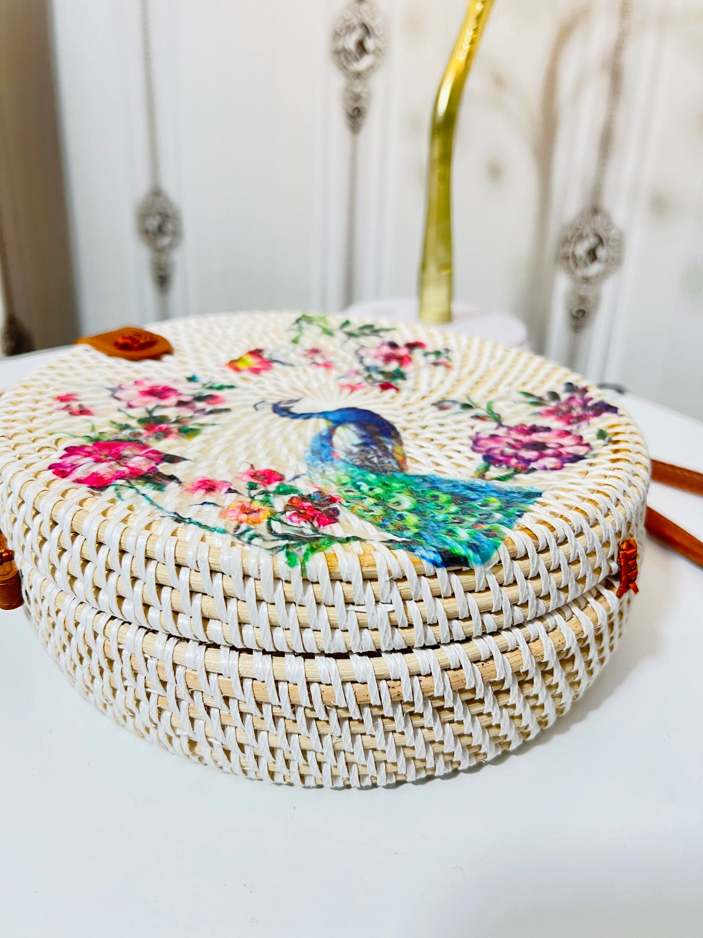 Peacock white round sling bag