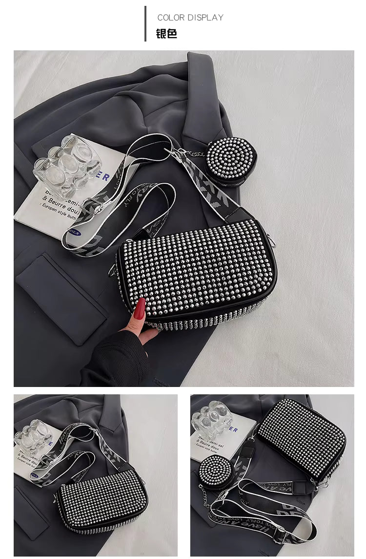 Black Rhinestone Crossbody Bag with Round Coin Purse – Sparkly Shoulder Bag with Strap for Women