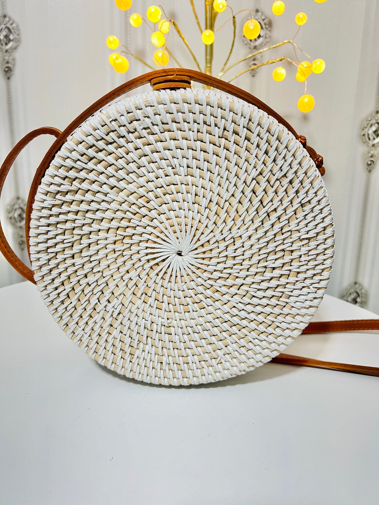 Peacock white round sling bag