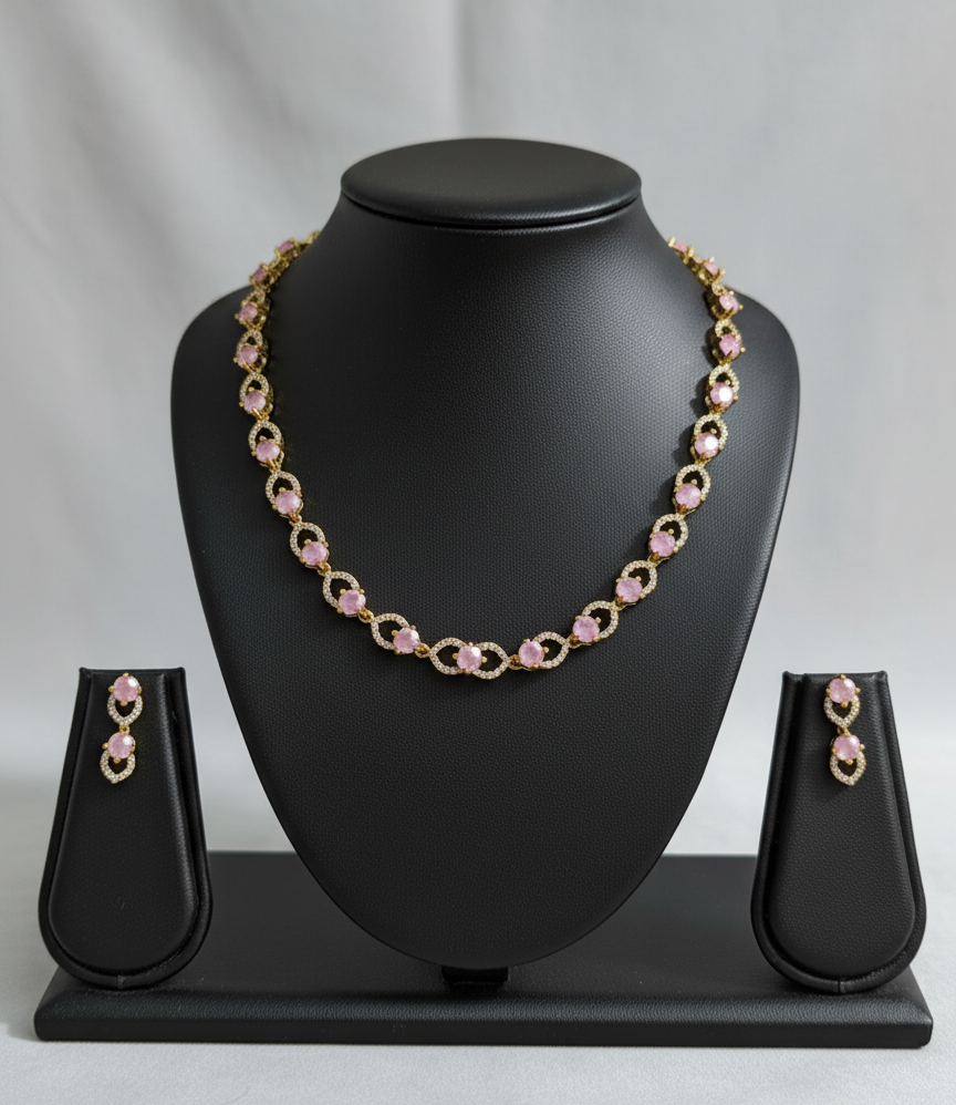 Aquamarine/Sea Green/baby Pink CZ & Gold Tone Necklace Set | Classic Dainty Link Chain & Stud Earrings | Subtle Ethnic Jewelry