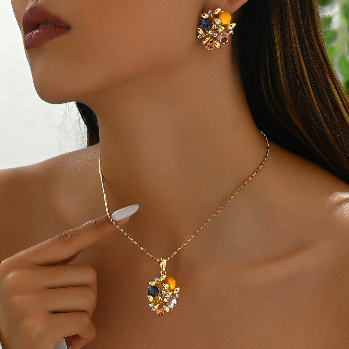 Warm Jewel-Tone Crystal Cluster Necklace & Earring Set | Gold Finish