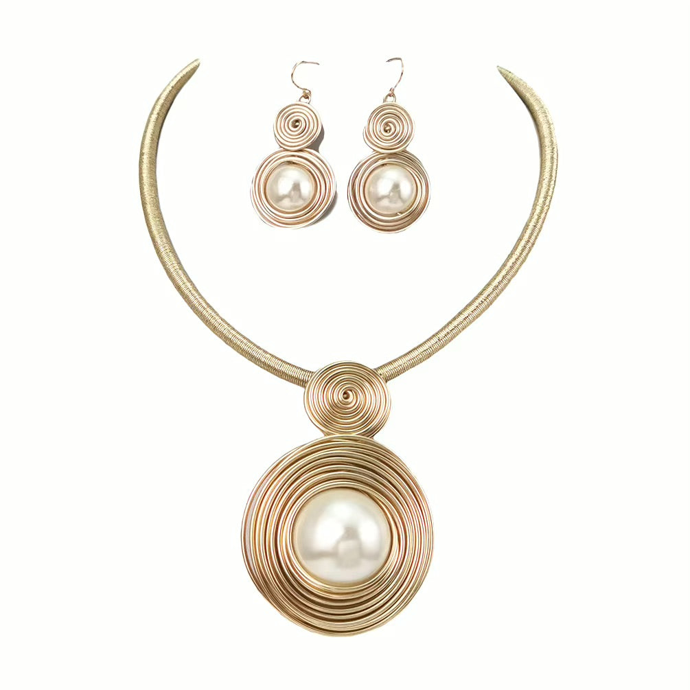 Wire-Wrapped Gold Spiral & Pearl Necklace Set | Statement Jewelry