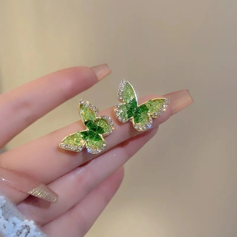 New Design Green Butterfly Earrings with Silver Needle Diamond Stud Earrings Women