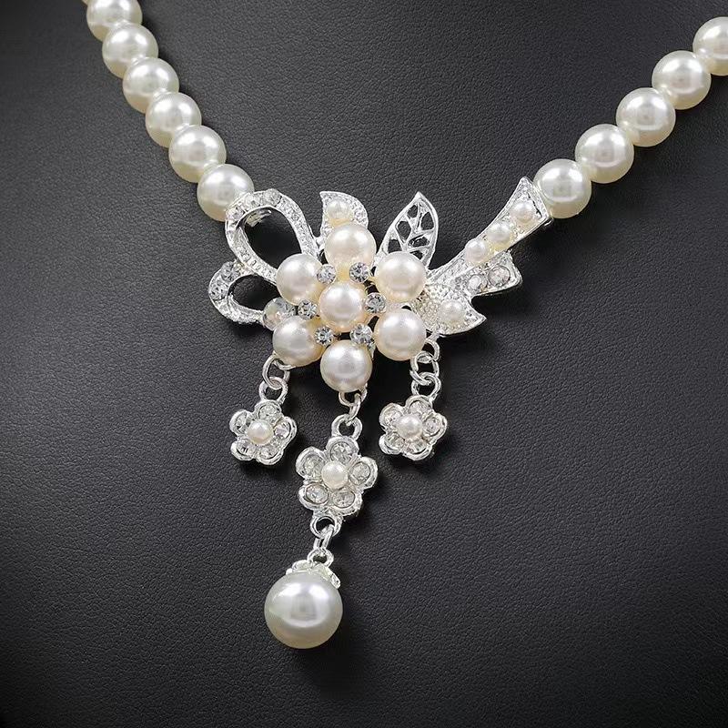 Classic White Pearl & Crystal Floral Necklace Set – Silver Tone Wedding & Bridal Jewelry with Matching Drop Earrings