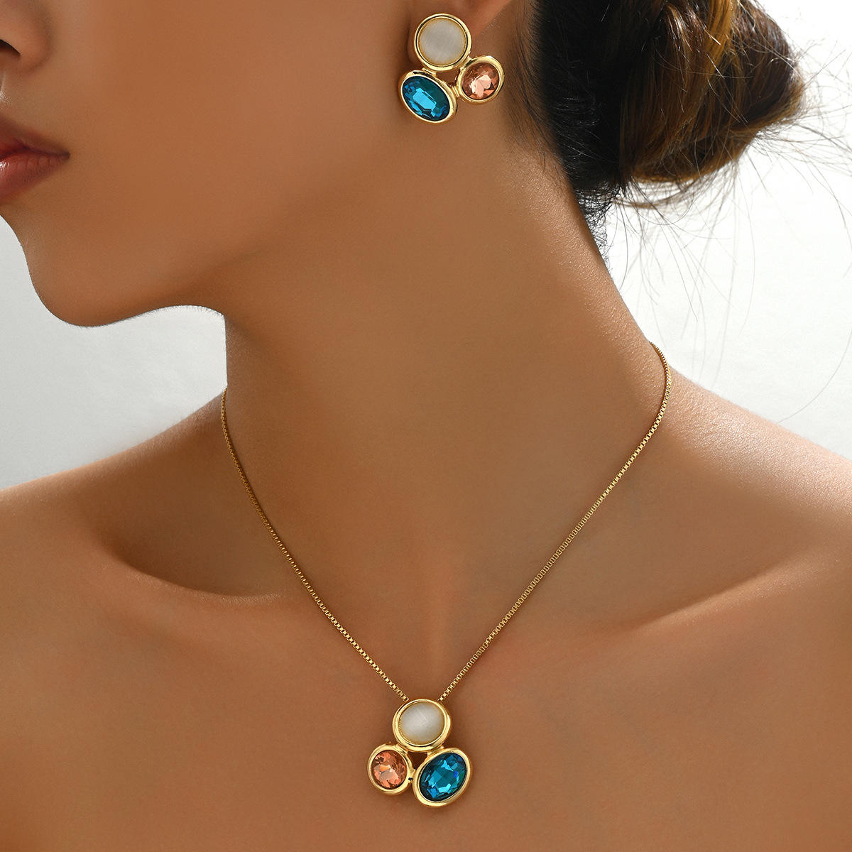 Modern Three-Stone Pendant Necklace & Earring Set | Blue, Pink & White Gems