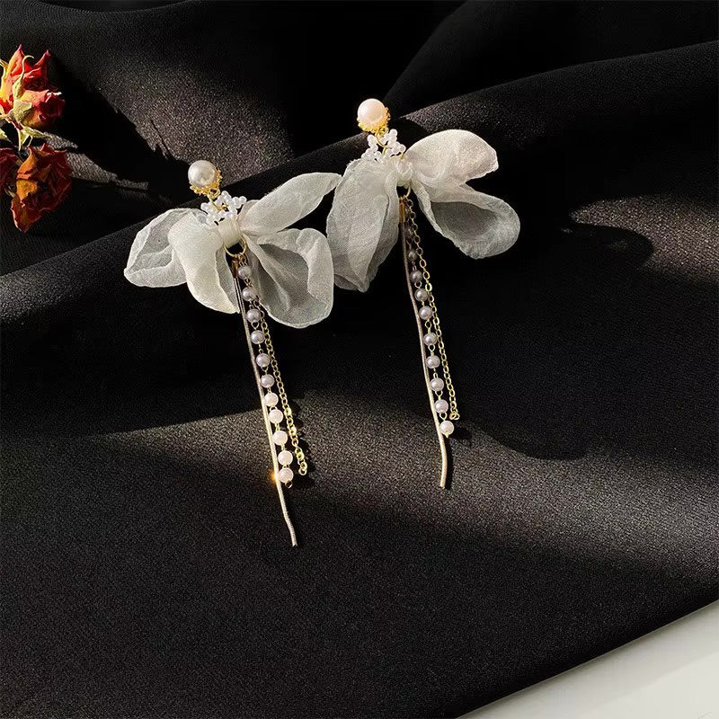 New Arravial Fashion Bohemian Style Long Tassel Elegance White Gauze Nets Yarn White Bow Knot Earrings