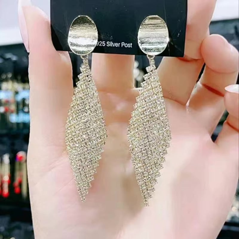 Glamorous Gold Crystal Mesh Dangle Earrings | 925 Silver Post
