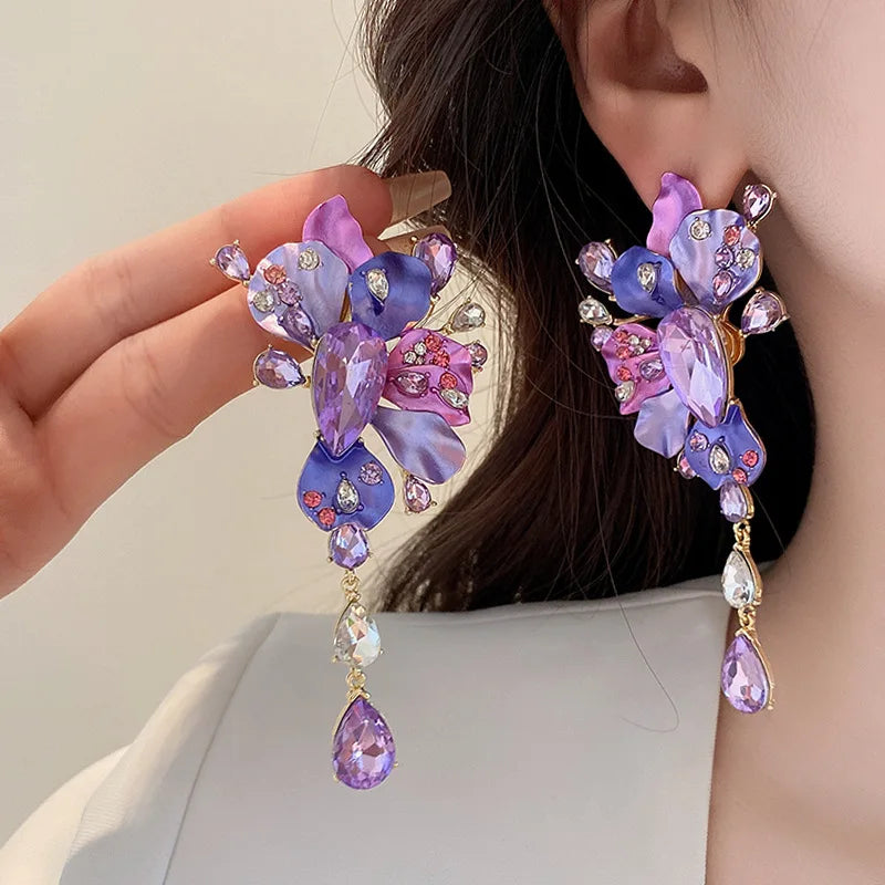 Silver Needle Inlaid Diamond Purple Flower Earrings